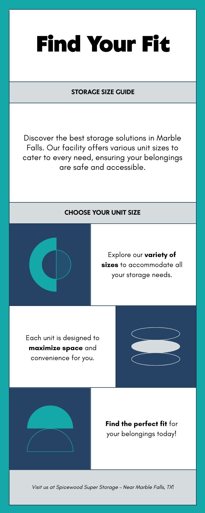 Infographic storage size guide for Marble Falls residents titled ‘Find Your Fit,’ showing unit size options, space-saving tips, and a call to action for Spicewood Super Storage near Marble Falls, TX.